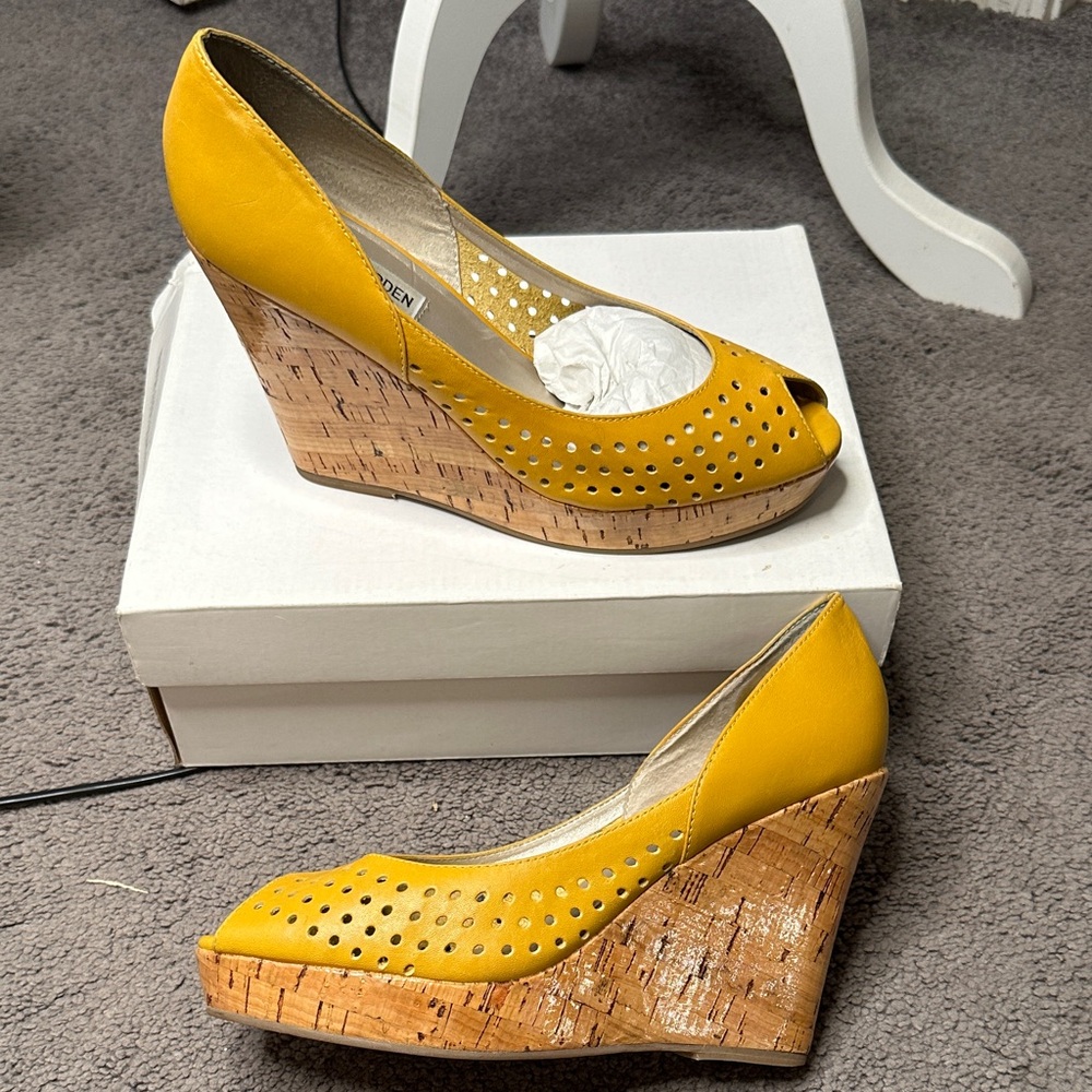 Mustard Peep-Toe Wedge Shoes